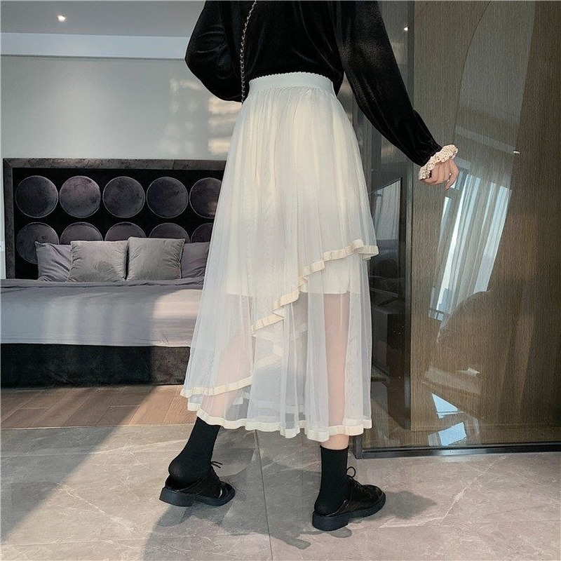 Skirts Women Solid Korean Style Asymmetrical Mesh Fashion Spring Sweet Students Cozy Loose Hipster Casual Allmatch High Waist 220701