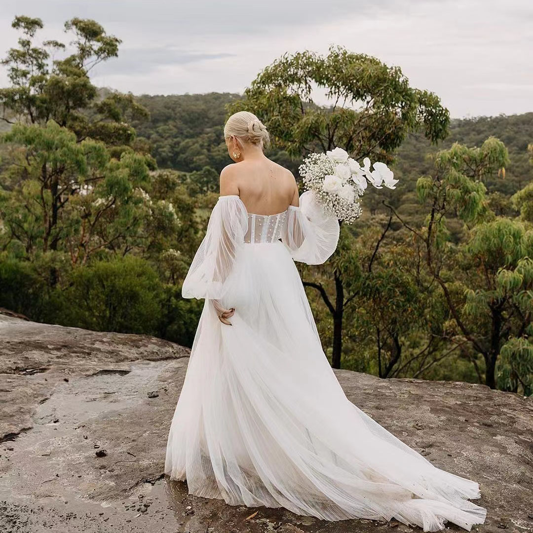 2022 Fashion White Wedding Gowns Off The Shoulder Floor Length Puff Sleeve Bridal Dresses Wedding Party Gown Robes