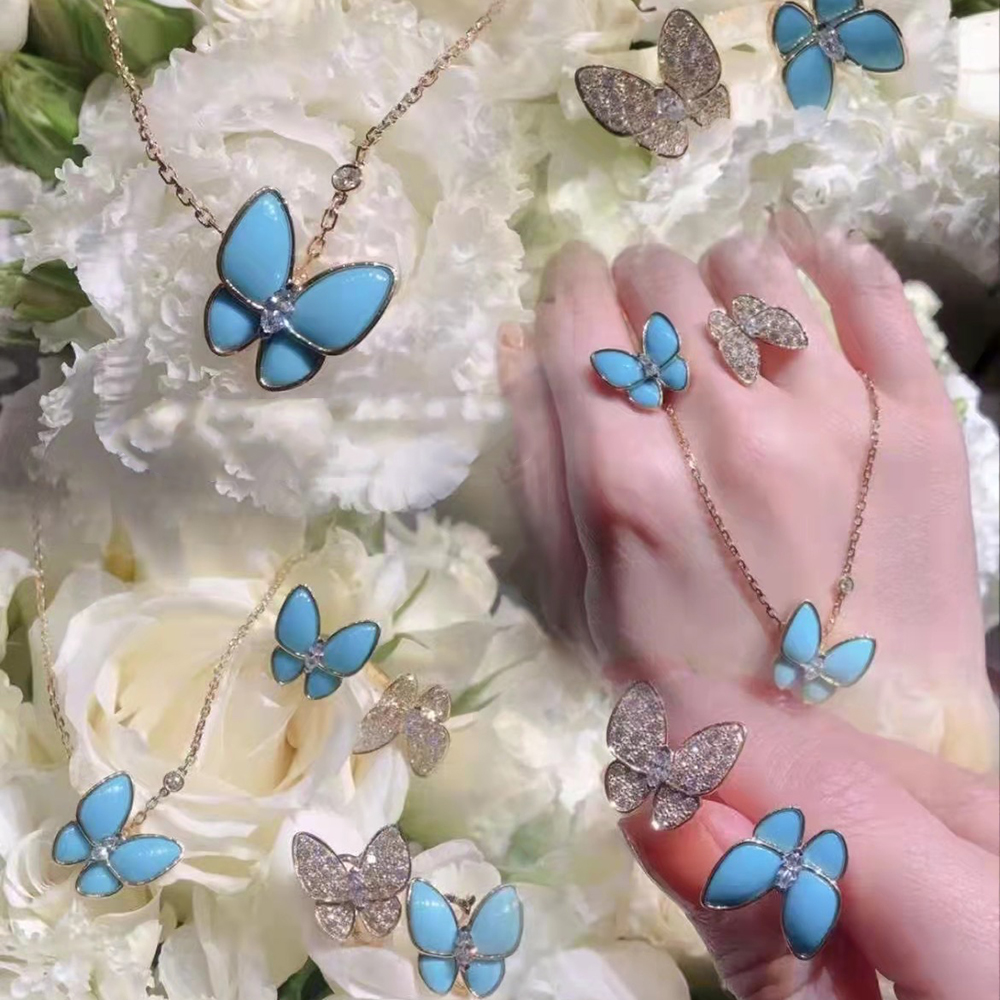 2022 New Brand Pure 925 Sterling Silver Jewelry For Women Blue Turquoise Butterfly Wedding Jewelry Set Earrings Necklace Bracelet Rings