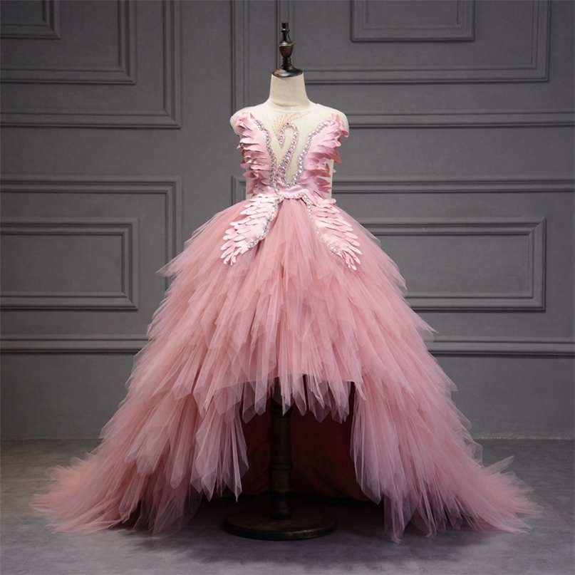 Elegant Swan Crystal Tulle Trailing Flower Girl Dress Evening Gown Kids Pageant Dress Birthday Party Feather Lace Princess Dress 220617