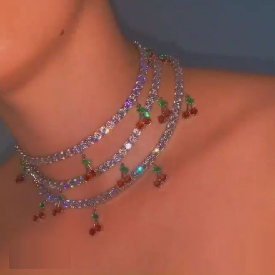Promotion summer new cute cherry charm necklace clear cz tennis chain choker women necklace 32+10cm