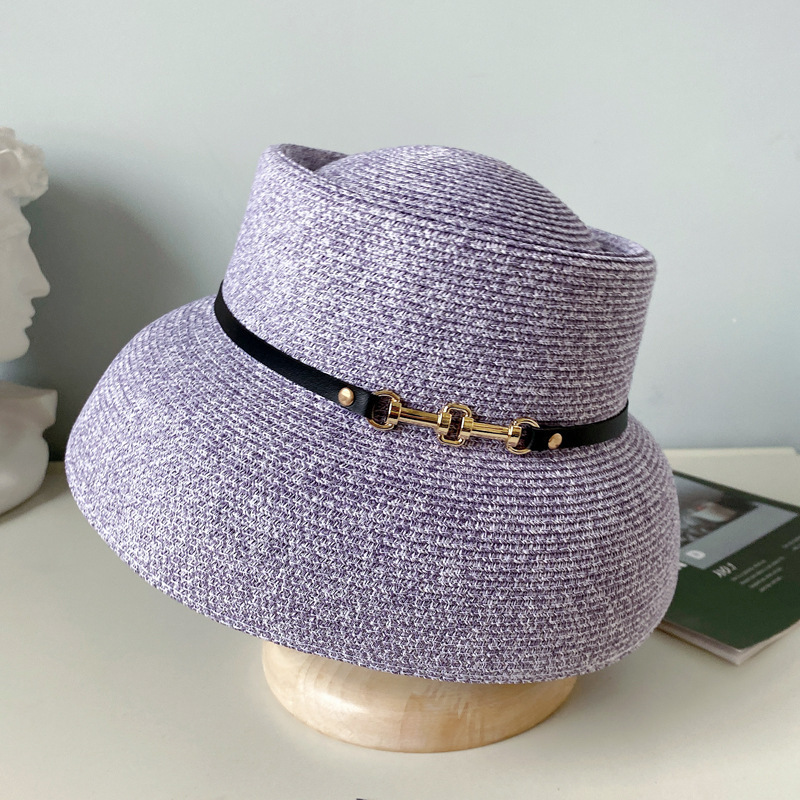 Elegant ummer un Protection Female Wide Brim Belt Metal Buckle Bain Girl Cap Beach traw Hat 220613