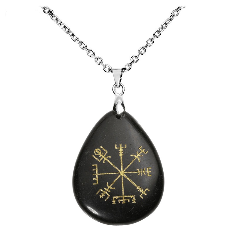 Viking Symbol Rune Vegvisir Compass Talisman Chakra Reiki Healing Crystal Teardrop Tumbled Gem Stone Pendant Necklace Jewelry