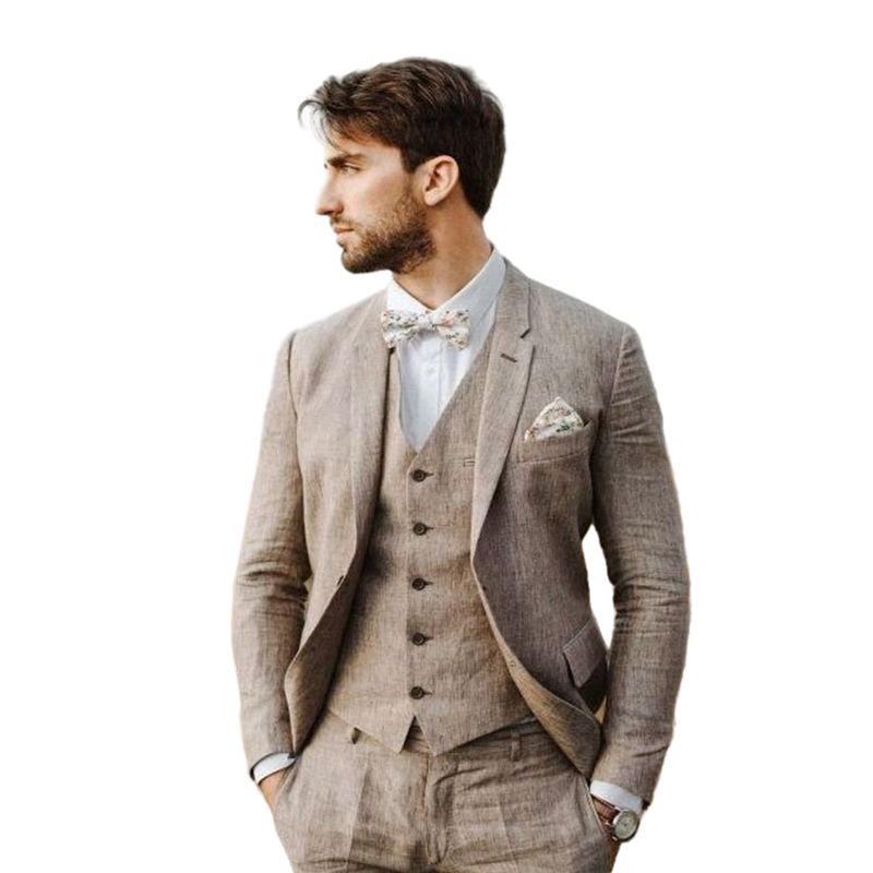 Brown Linen Men Suit Groom Wedding Tuxedos 3 pieces Formal Wear Country Style Handsome Prom Party Gowns Spring Autumn Slim Fit Mens Suits Dinner Bussi