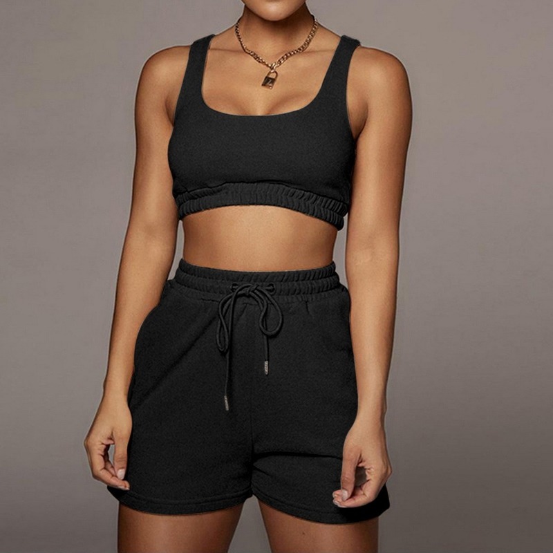 VERTVIE Casual Solid Sportswear Two Piece Sets Women Crop Top And Drawstring Shorts Matching Summer Yoga Sports 220518