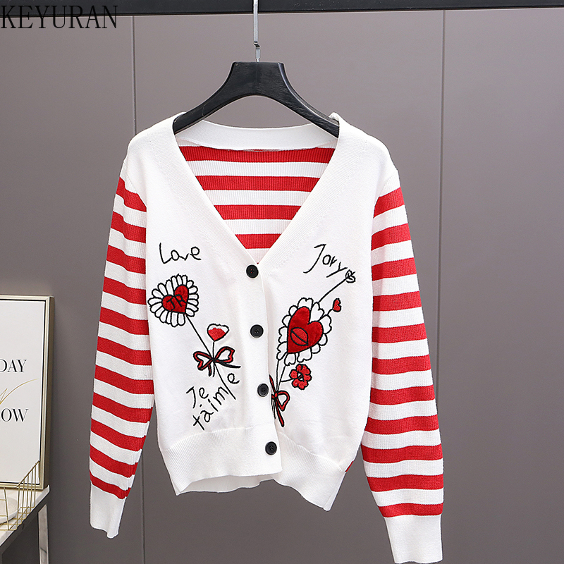 2022 Spring New Red Striped Heart Embroidery Knitted Cardigan Women Long Sleeve V-neck Single-breasted Womens Sweaters Jacket
2022 Spring New Red Striped Heart Embroidery Knitted Cardigan Women Long Sleeve V-neck Single-breasted Womens Sweaters Jacket