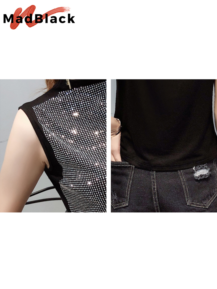 MadBlack Summer Casual Loose Korean Clothes Shiny Diamonds Tshirt Women Cotton Fashion Sleeveless Tops Shirt Tees T02423 220328