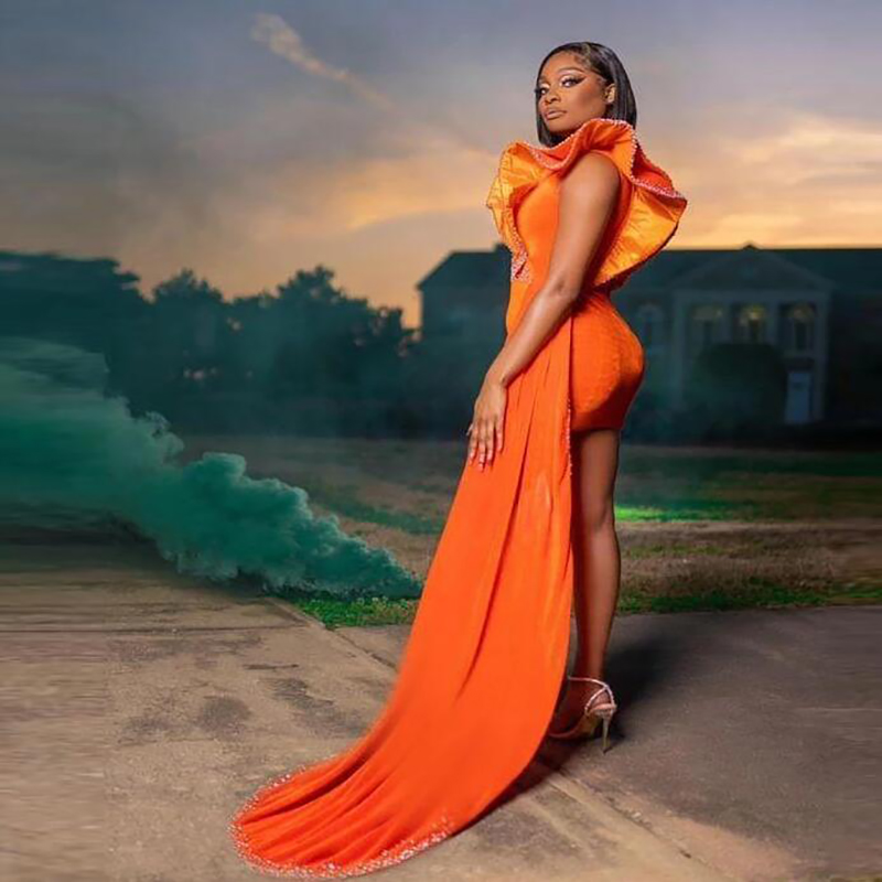 Sexy Short Orange Prom Dresses With Beaded Velvet Cocktail Party Skirt With Train Black Girls African Evening Wear Formal Dress Vestidos Fiesta Robe D