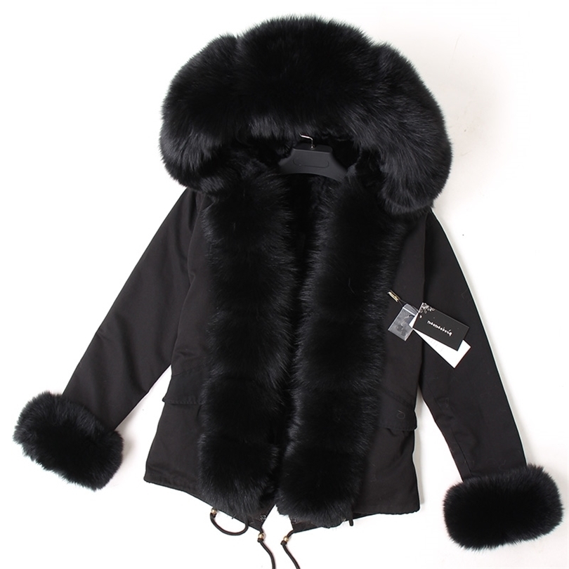 maomaokong Black fur Collar winter coat women jacket Natural Fur Bunny Lined Jacket Coats