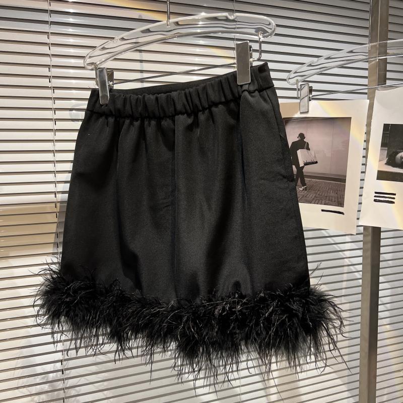 New womens elastic waist solid color ostrich fur bottom patchwork sexy fashion short pencil skirt SML