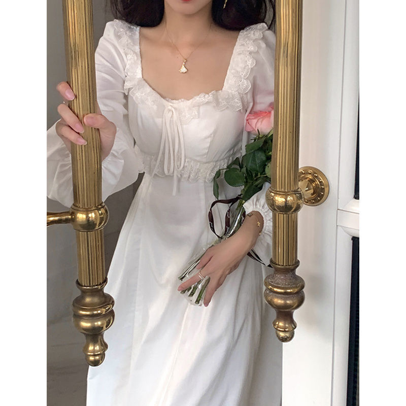 QWEEK Vintage Elegant Fairy Princess White Lace Dress Woman French Retro Square Collar Slim Dress Autumn Clothes 220317