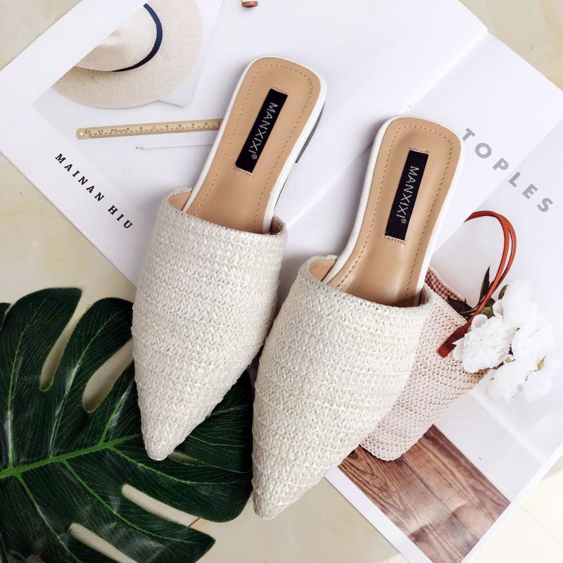 Slippers Women's Summer Solid Toe-covered Slipper Fashion Pointed Woven Breathable Lazy Flat Sandals Women Mule Slides Shoes