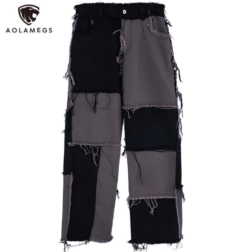 Aolamegs Jeans Men Vintage Color Block Tearing Patchwork Denim Pants Casual Japanese High Street Harajuku Fashion Streetwear Men 211009