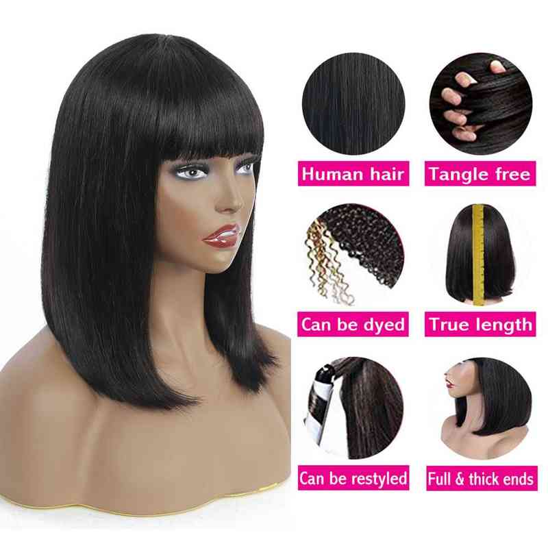 Short Bone Straight Bob Wigs With Fringe Pony Full Hine Seamless Brazilian Human Hair Wig For Womentthair L220809