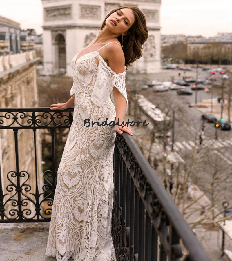 Rustic Boho Lace Wedding Dress 2022 Sexy Spaghetti Straps Mermaid Bohemian Country Wedding Dresses Hippie Backless Beach Bride Party Gowns Chic Women 