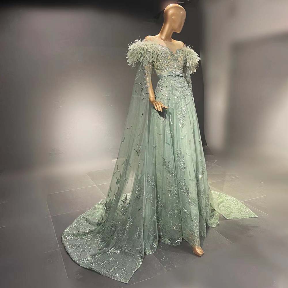 Green A-line Evening Dress Glitter Lace Sequins Appliques Beads Ostrich Feather Floor Length Sleeveless Chiffon Ruffles Elegant Custom Made Plus Size 