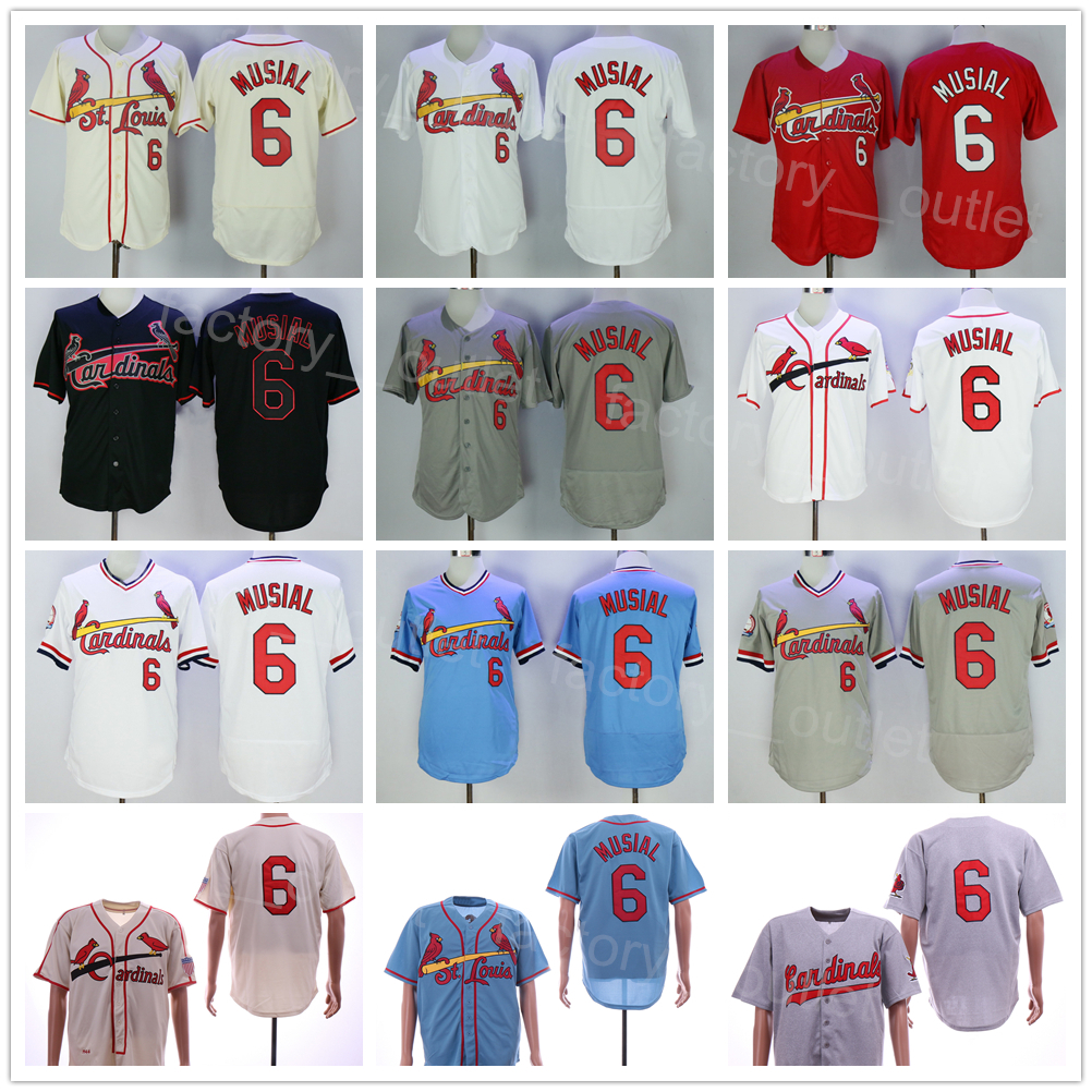 Vintage Baseball Throwback 6 Stan Musial Jersey Men 1944 1956 1963 1978 1982 1985 Retro Embroidery Flexbase Cool Base Pullover Black Red White Be