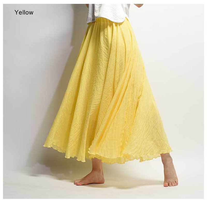 Women's Elegant High Waist Linen Maxi Skirt Summer Ladies Casual Elastic 2 Layers Skirts saia feminina 20 Colors SK53 220317