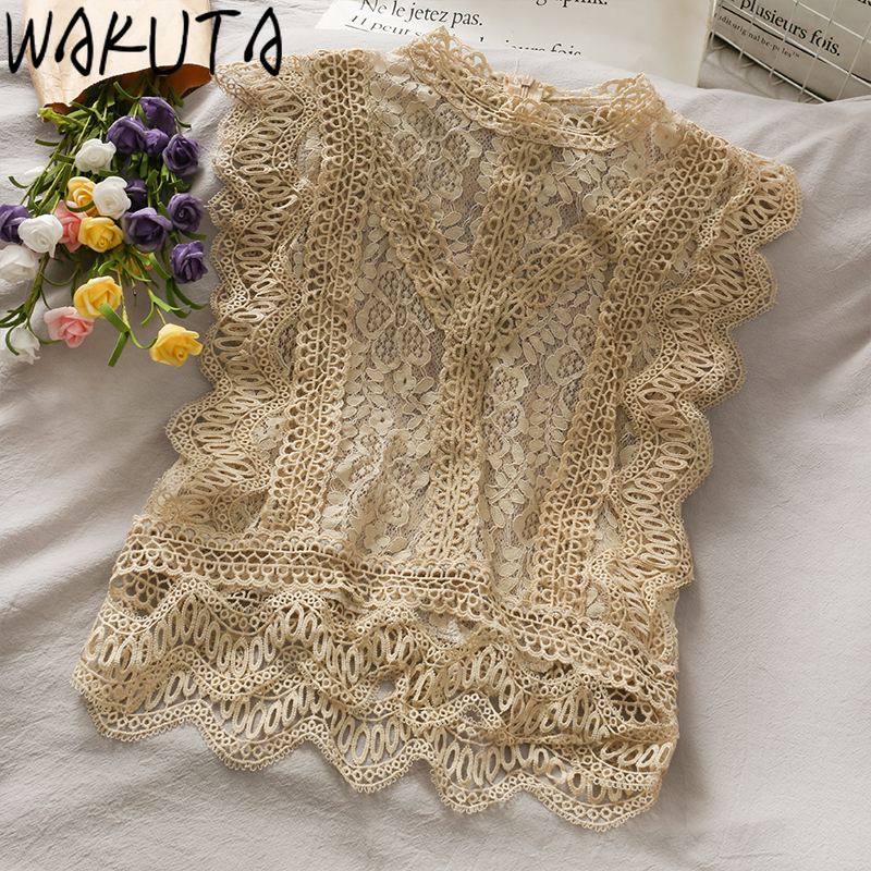 WAKUTA Sweet Hollow Out Lace Tank Tops Women Japanese Fashion Elegant Office Lady Solid Chic Sleeveless Crop Summer 220316