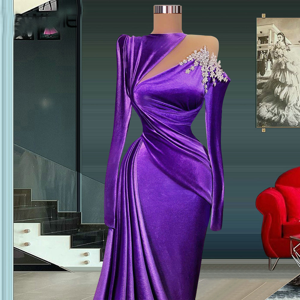 Purple Long Sleeve Elegant Mermaid Prom Evening Dresses 2022 Appliques Pleats Women Formal Party Pageant Gowns Custom Made