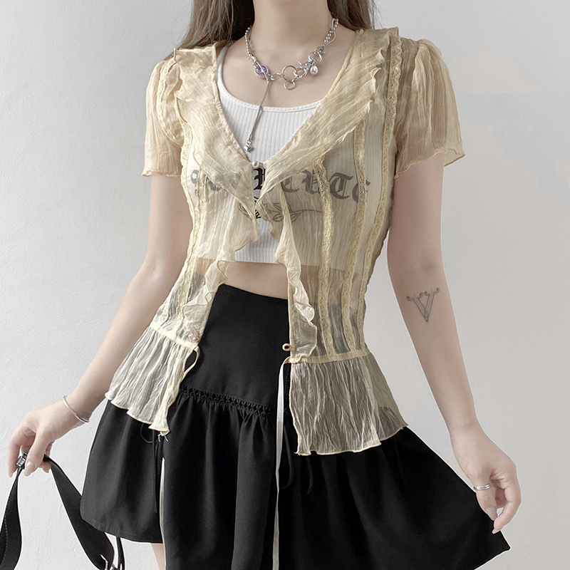 HEYounGIRL Mesh Transparent Short Sleeve T-shirt Ladies Summer See Through V Neck Ruffles Tee Shirt Women Drawstring T 220321