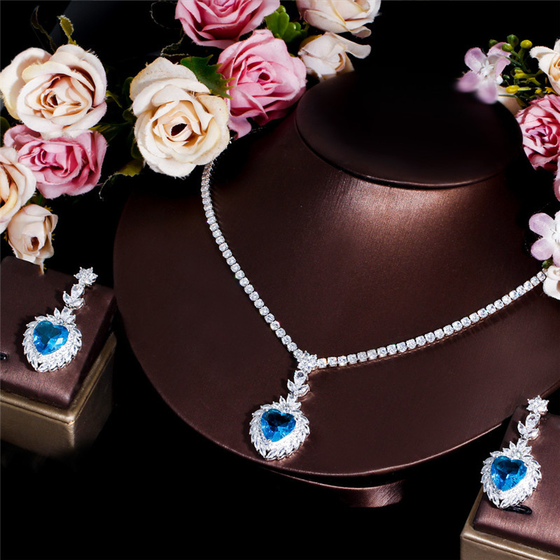 Sparkling wedding designer jewelry set heart tennis necklace earring african jewelry sets Blue Green AAA Zirconia Woman Diamond Earrings Necklaces Din