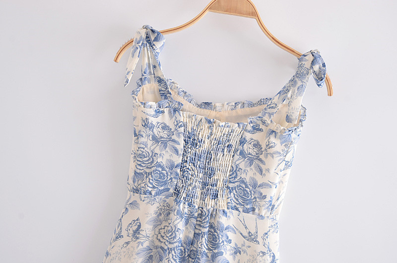 Summer Lace Up Bowknot Spaghetti Strap High Waist French Vintage Printed Ruffle Camisole Dress Female Fashion 220510