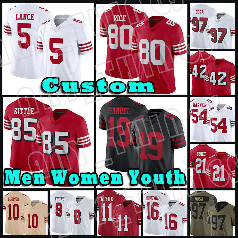 

80 Jerry Rice 97 Nick Bosa Football Jerseys 5 Trey Lance 19 Deebo Samuel 54 Fred Warner 21 Frank Gore 85 George Kittle 52 Patrick Willis 10 Jimmy Garoppolo 42 Ronnie Lott, Custom women 2022(49ren)