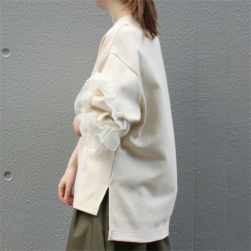 Hoodie Women Long Sleeve Hoodie Shirt Mesh Tulle Sleeve Frilled Sweatshirts Japan Style Female Tops Loose Tops Women 201203