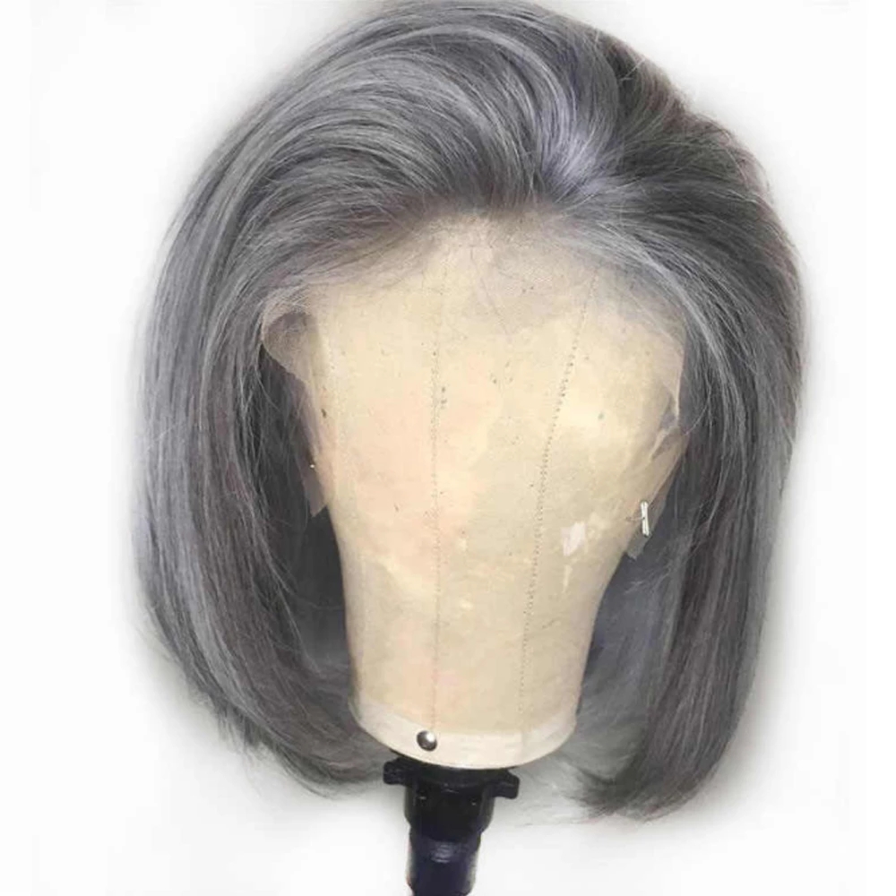 Short Bob Grey 13x4 perruque Lace front Human Hair Wigs Brazilian Remy Pre Plucked 150% Transparent Free Part Wig