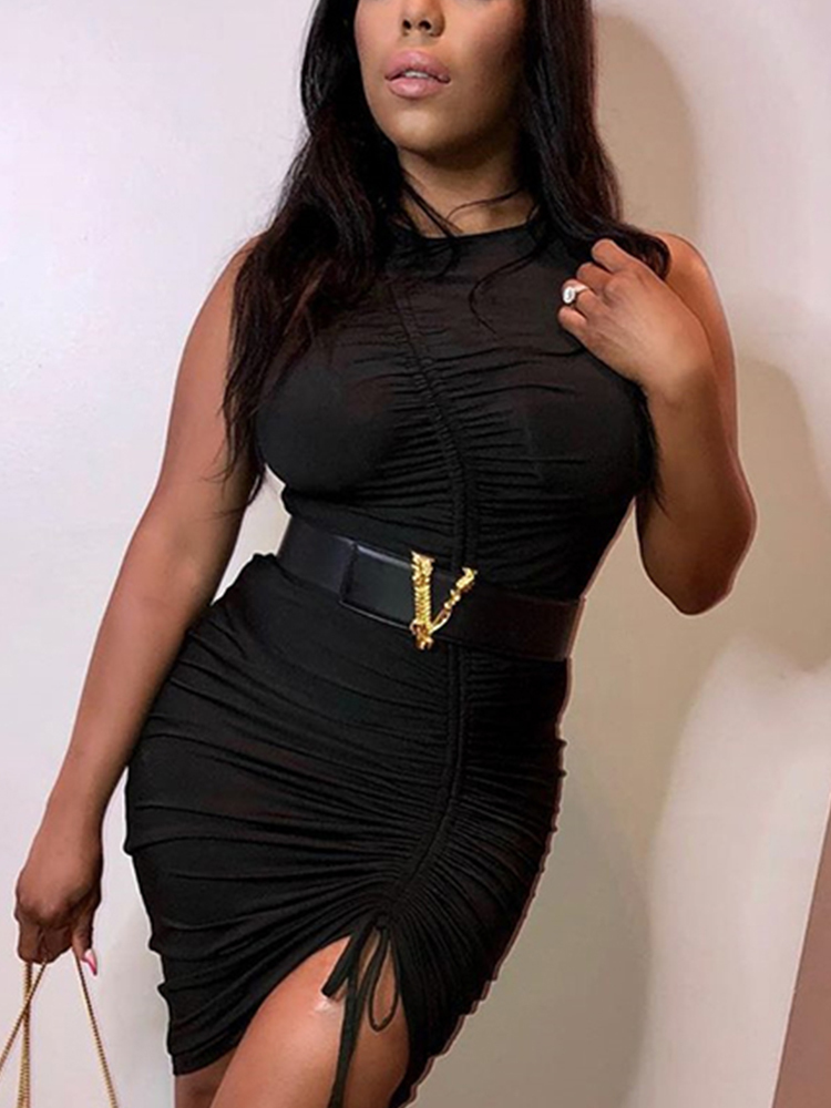Asia Sleevelss Women Dress Sexy Slash Drawstring Ruched Bodycon Dress Elegant Can Adjust Length Summer Mini Dress Black 220511