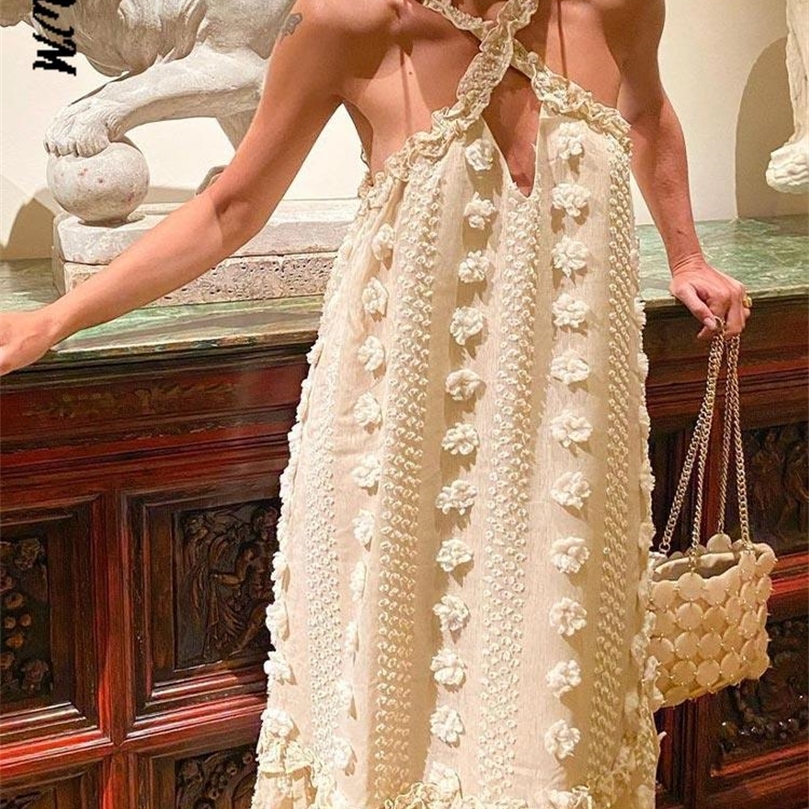 Sleeveless Halter Maxi Summer Dress For Women Fashion Ruffle Beach Long Robe Elegant Slip Holiday Hollow Out Sundress 220510