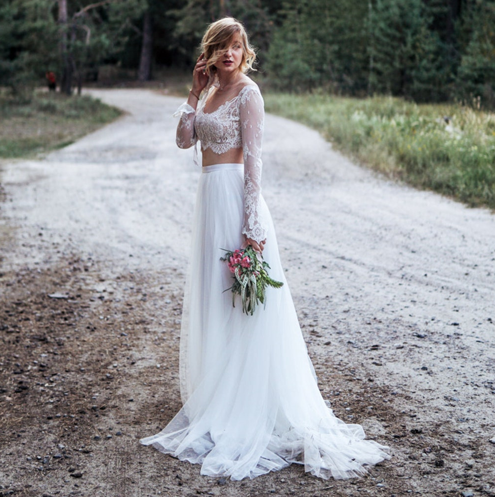 Bohemian A Line Wedding Dress Two Piece Long Sleeve Ivory Lace Tulle Beach Bridal Gowns Sheer Neck Country Boho Bride Dresses 2022 Robe De Mariage