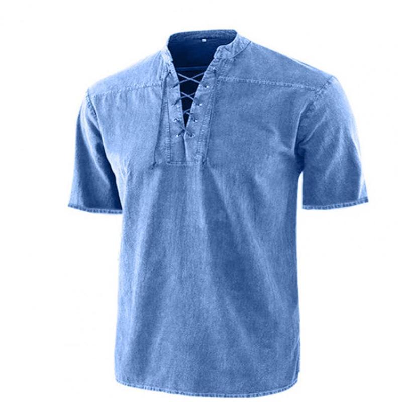 Men Stand Collar Front Lace Up Short Sleeve V Neck Slim Tshirt Streetwear for Daily Wear D220611