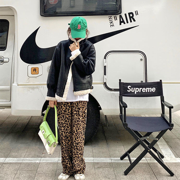 Korean leopard print wide leg pants high waist straight tube casual loose thin mop fashion sweat 220325