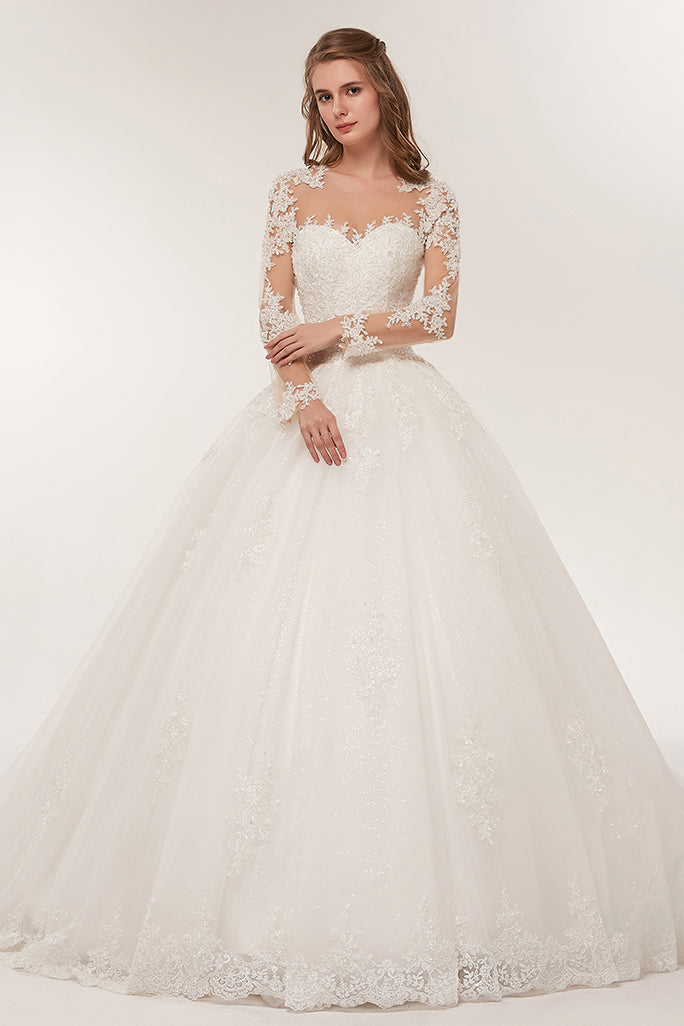 Elegant Long Sleeve Lace A Line Wedding Dress For Bride Sheer Jewel Neck Church Wedding Gowns Court Train Ivort Tulle Country Bridal Dresses 2022 Vest
