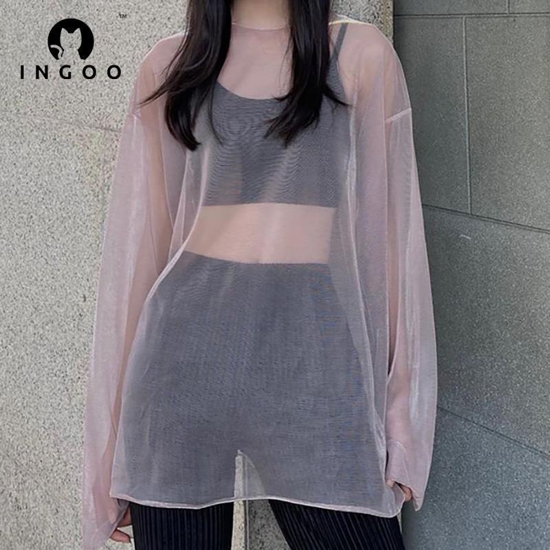 INGOO Green Shiny Cyber Punk T-Shirts Women Night Club Sexy Mesh See Through Long Sleeve Loose Tops Black Y2k Fashion Streetwear 220516