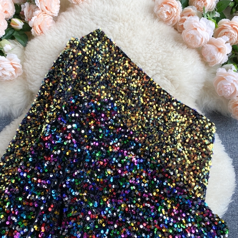 Fall Product Oblique Collar T-shirt Strapless Unilateral Puff Sleeve Slim Fit Short Sequined Top HK102 220328