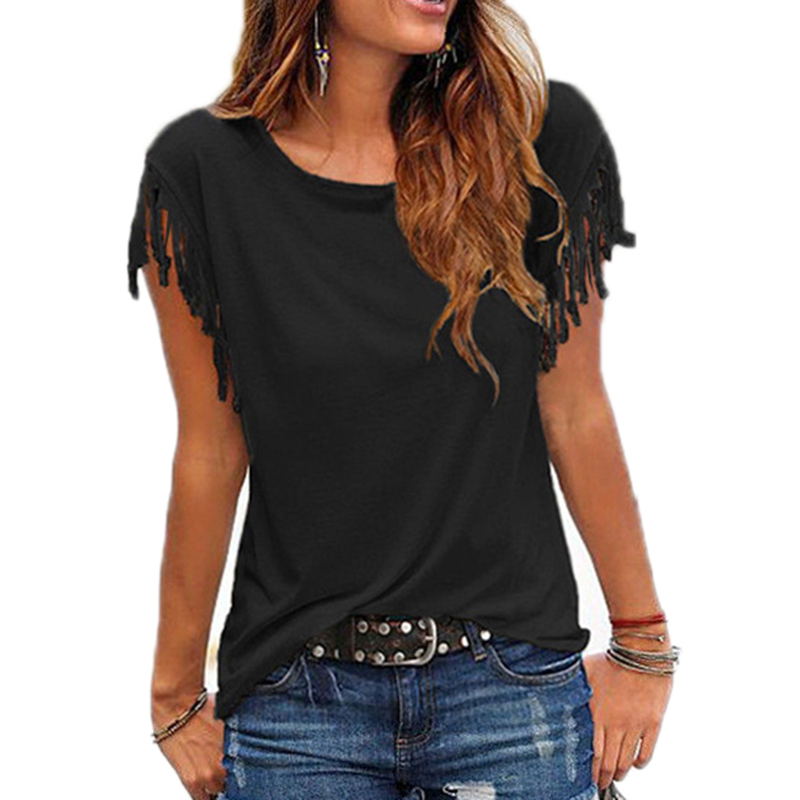 Casual Tassel T-Shirt Cotton Short Sleeve Solid Color Tees O Neck Women's Clothing Spring Summer Top Ladies 220328