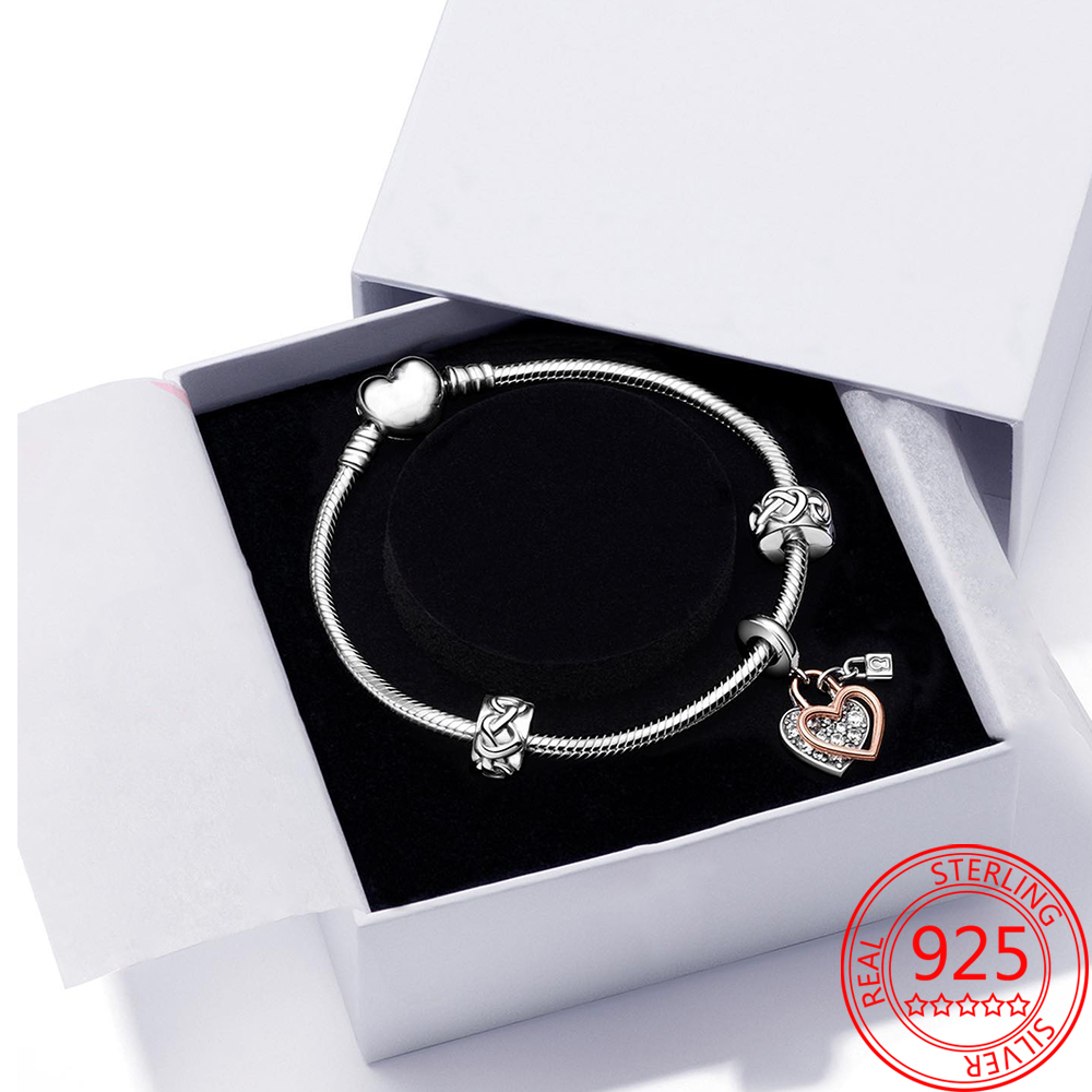 New Popular 925 Sterling Silver Rose Gold Heart Padlock Double Charm For Snake Bracelet DIY Jewelry Girl Gift Making