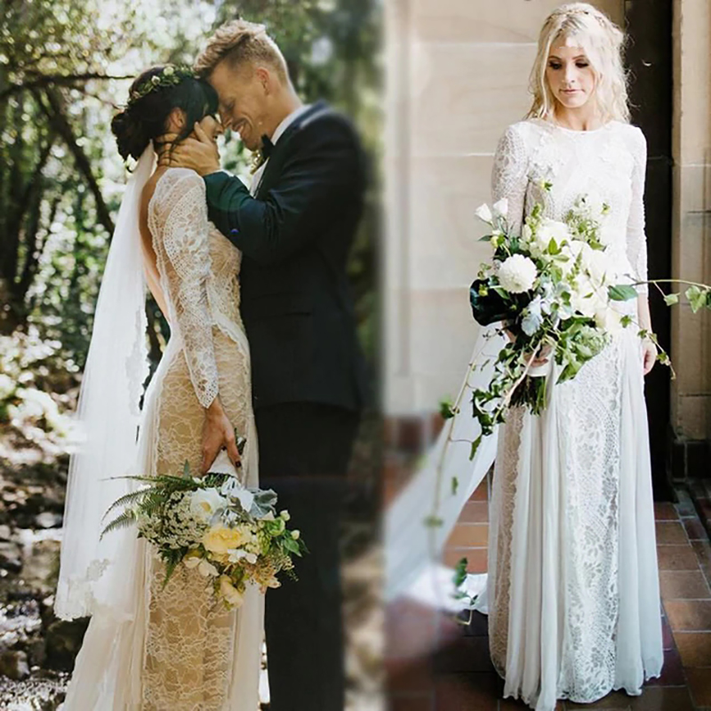 Fairy Boho Long Sleeve Wedding Dress 2022 O Neck Full Length Chiffon Lace Bohemian Beach Wedding Dresses Backless Mermaid Bride Party Gowns Chic Robe 