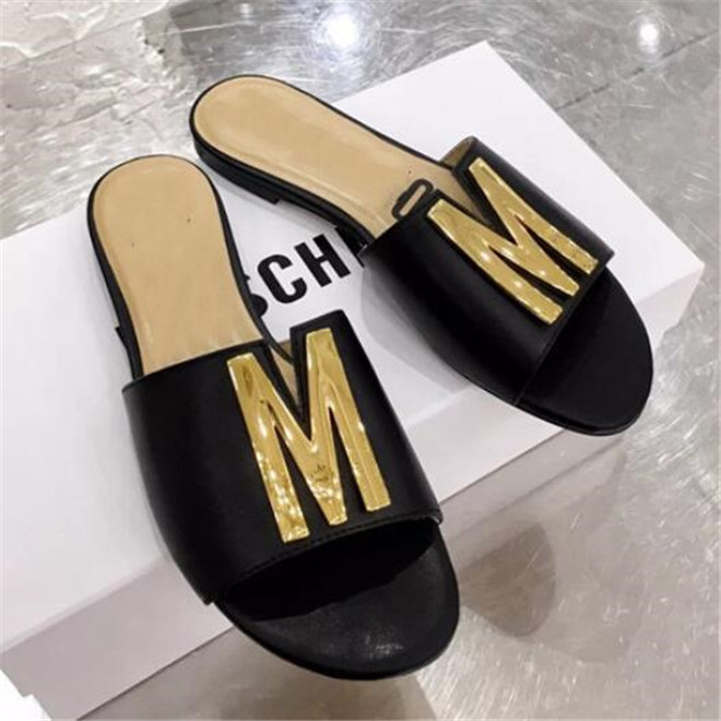High quality Womens Sandals Fashion Flats Slippers Black White Genuine Leather Slides Summer Shoes Ladies Flip Flops