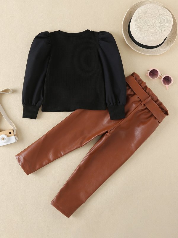 Toddler Girls Ribbed Knit Puff Sleeve Top & Paperbag Belted Pants SHE