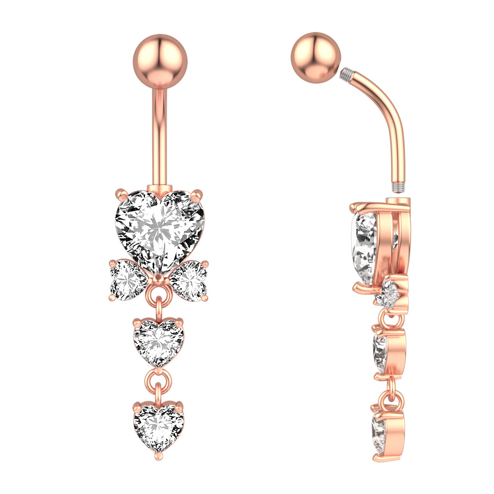 2022 Belly Button Ring Diamond Butterfly Dangle Navel Barbell Stud for Women Surgical Titanium Stainless Steel Rose Gold Cubic Zirconia Piercing Bling