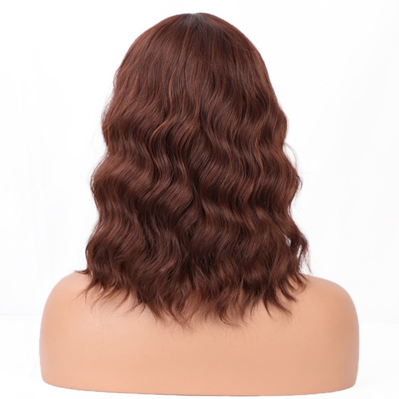 Beautiful Short Water wavy Synthteic Hair Wigs with Bangs for Women Afro wig Brown Ombre Color Wave wig