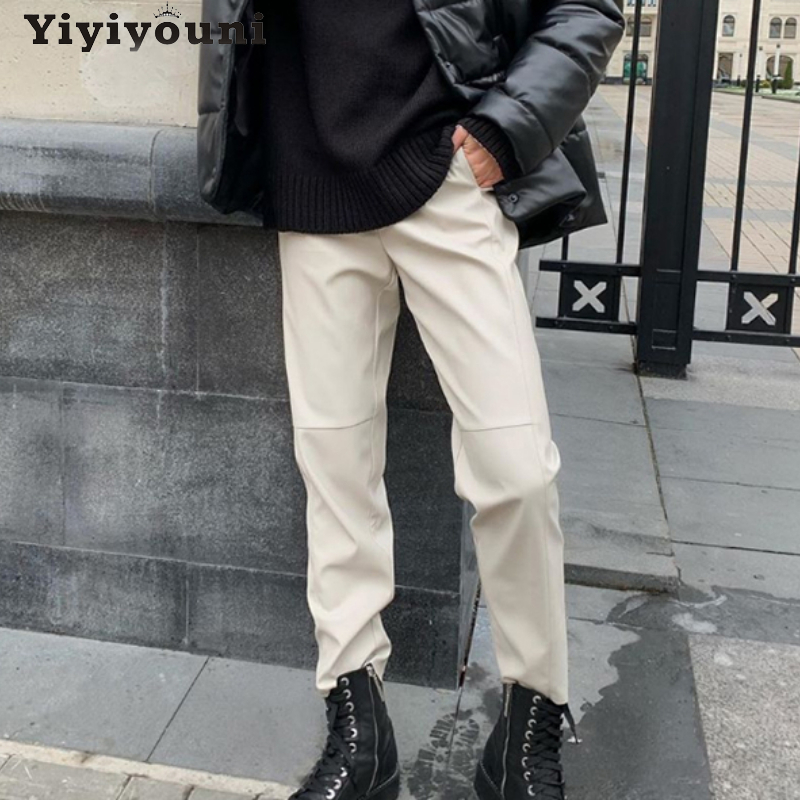 Yiyiyouni High Waist Spliced Leather Pant Loose Drawstring PU Trousers Autumn Solid Straight Female 220325