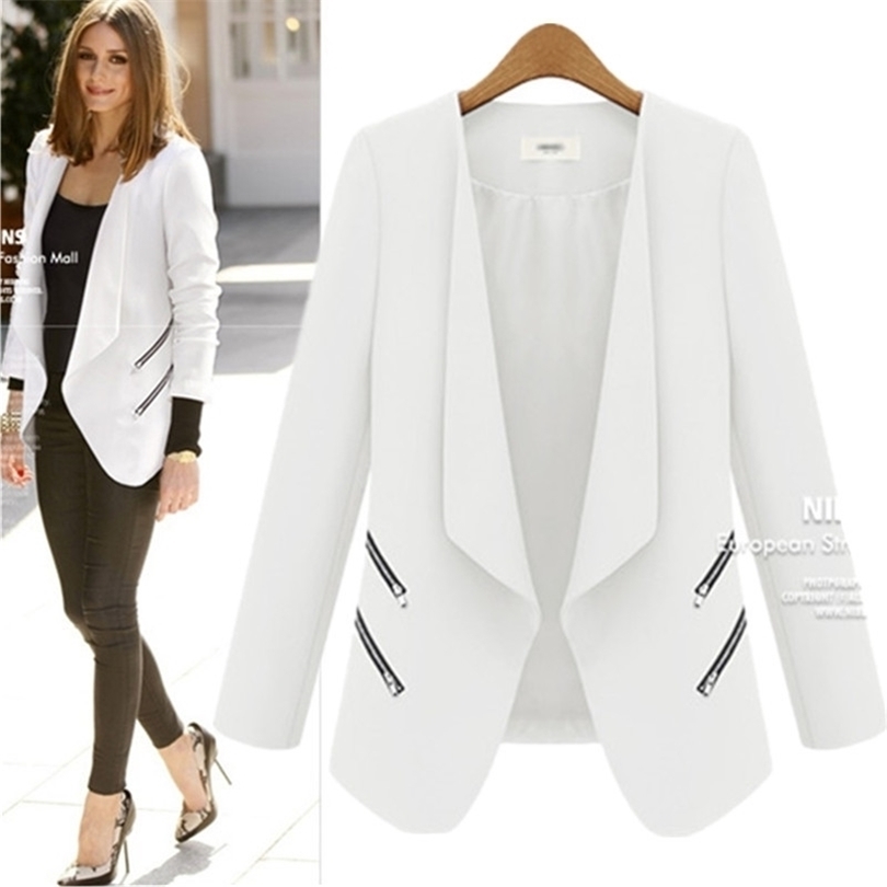 Ladies Blazer Long Personality Zipper Pocket Jacket Sleeve Blaser Women Single Button Slim Suit jackets for women Autumn T200319