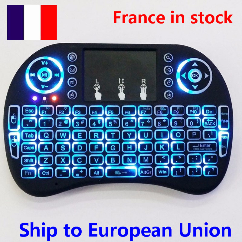 

France in stock Mini i8 Wireless Keyboard fly Backlight Backlit 2.4G Air Mouse Remote Control Touchpad lithium battery for Android TV Box