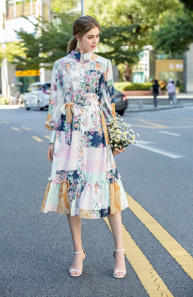 Women's Runway Dresses Stand Collar Long Sleeves Printed Ruffles High Street Fashion Casual Dress Vestidos
