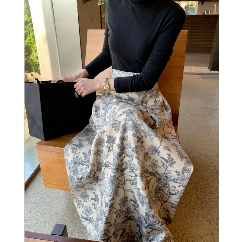 Skirts Korean Chic Vintage High Waist Print Big Swing Women Mujer Faldas Loose Elegant Temperament Clothing Fashion 220322